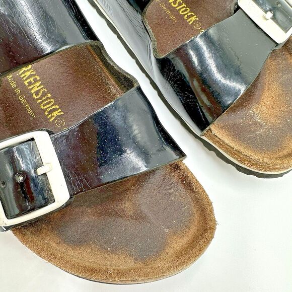 Birkenstock Arizona Patent Leather Black Sandals White Buckle Womens 38 US 7.5 - Picture 3 of 16